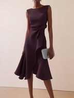 Women's asymmetric draped midi dress, sleeveless summer occasion dress