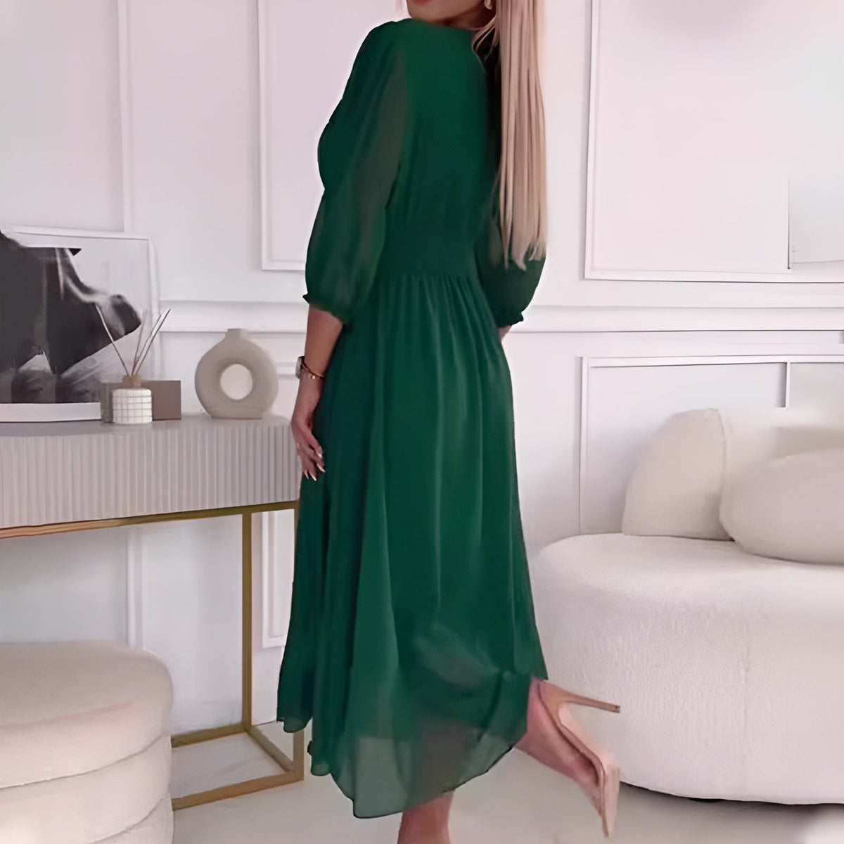 Women's midi wrap dress with adjustable tie, flattering silhouette, available in blue, black, green