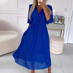 Women's midi wrap dress with adjustable tie, flattering silhouette, available in blue, black, green
