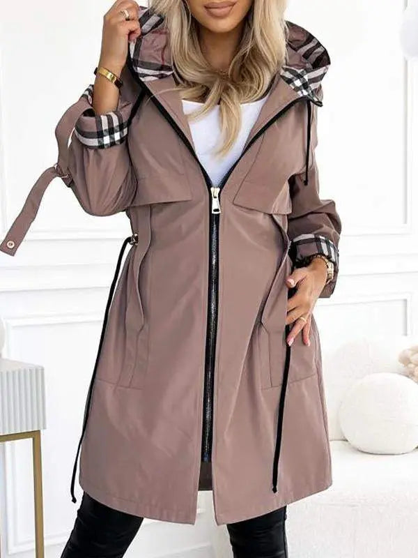 Women hooded long jacket lightweight with contrasting sleeve detail