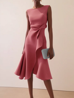 Women's asymmetric draped midi dress, sleeveless summer occasion dress