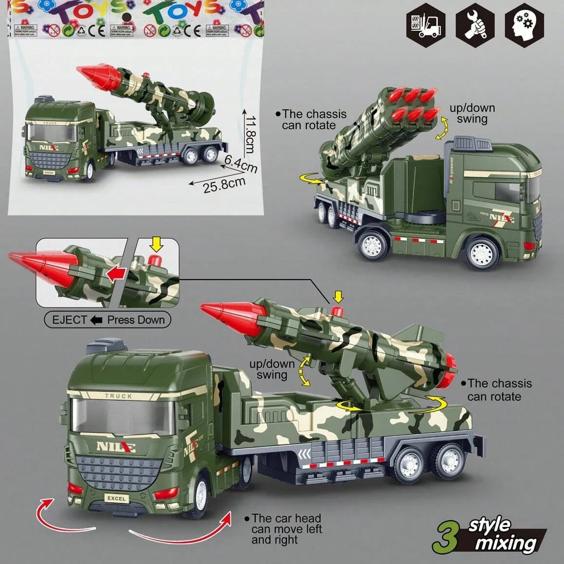 Military toy truck with pull-back mechanism, light and sound effects, ages 3+