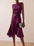 Women's asymmetric draped midi dress, sleeveless summer occasion dress