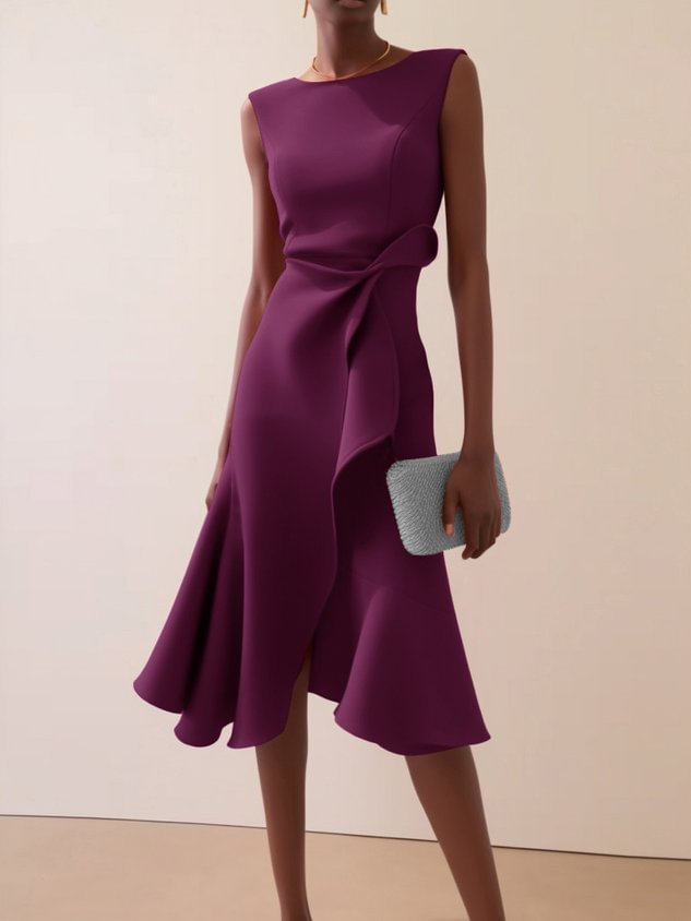 Women's asymmetric draped midi dress, sleeveless summer occasion dress