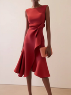 Women's asymmetric draped midi dress, sleeveless summer occasion dress