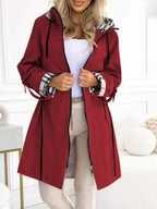 Women hooded long jacket lightweight with contrasting sleeve detail