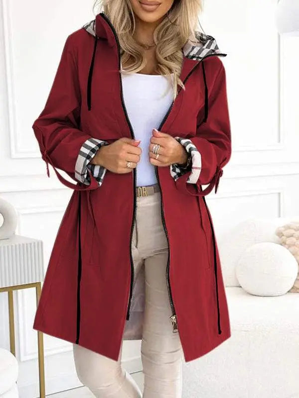 Women hooded long jacket lightweight with contrasting sleeve detail