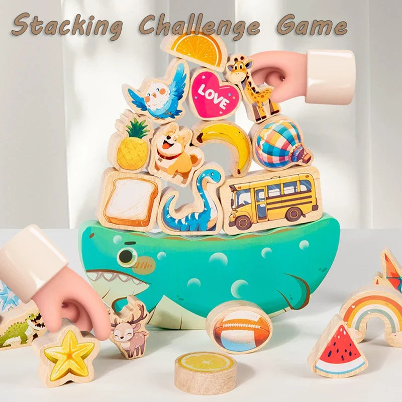 Wooden balance stacking toy educational fine motor skills natural wood colourful shapes