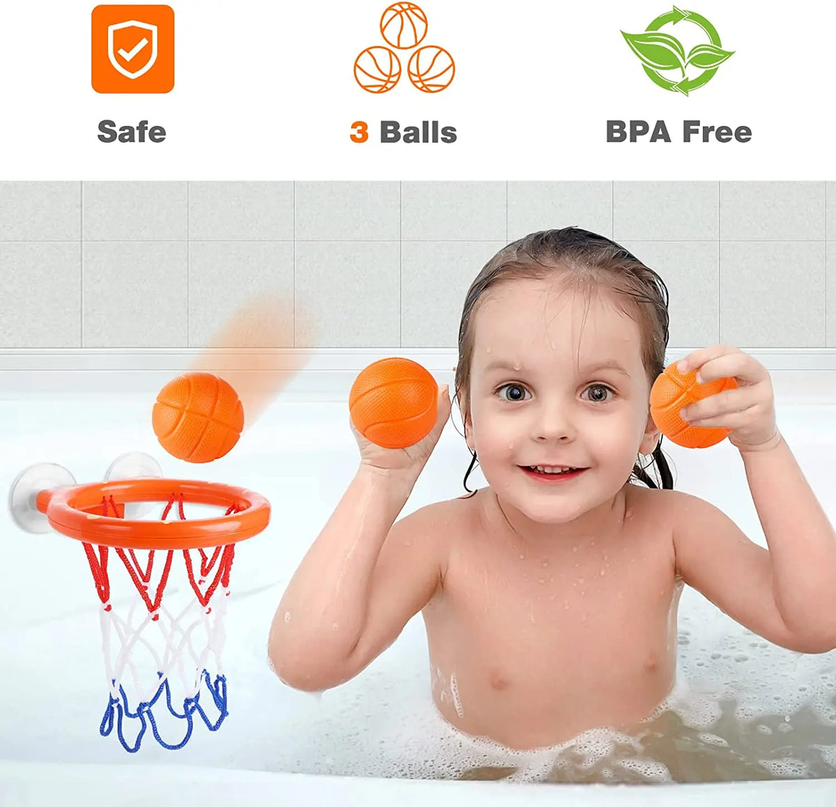 Bath basketball set with suction cup hoop and 2 balls, kids bath toy