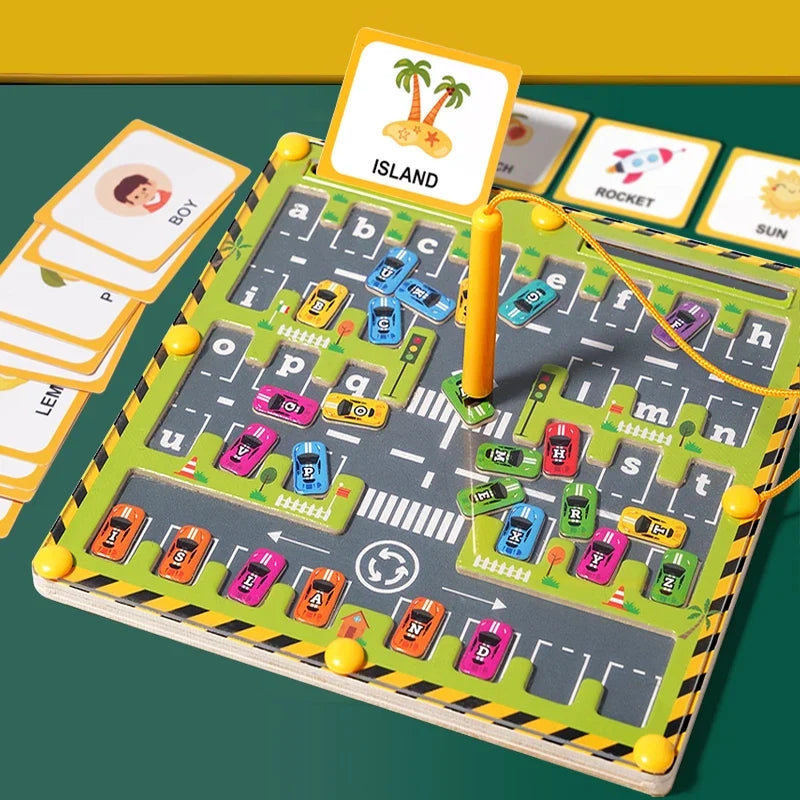 Magnetic bead puzzle wooden maze board with dinosaur theme and challenge cards