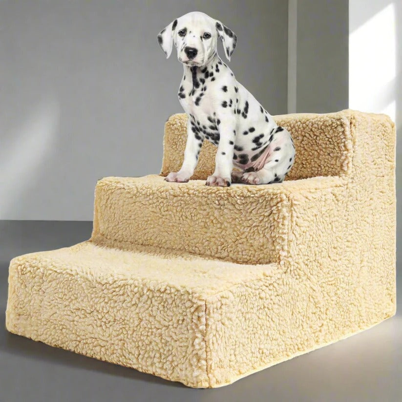 Dog stairs for tall bed 3-step portable beige fleece cover 55lb capacity