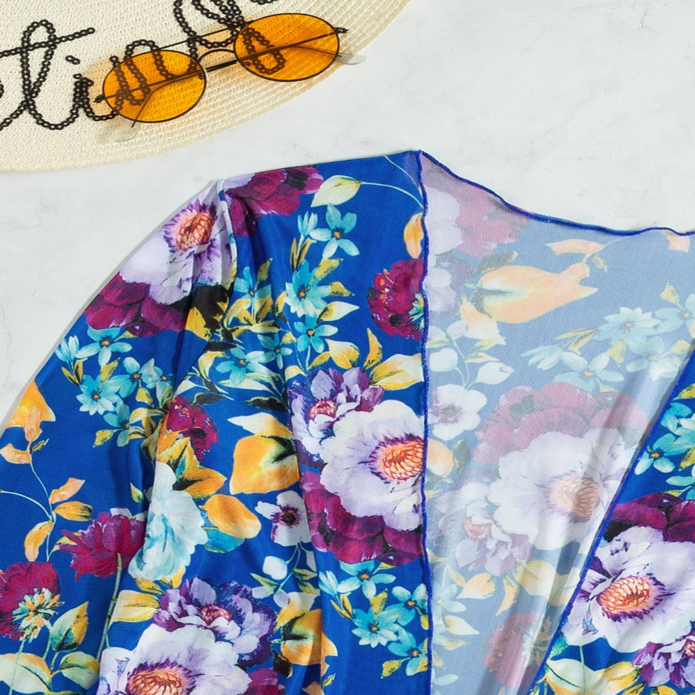 Women's 3-piece blue floral bikini set with wrap skirt, sizes S-XL