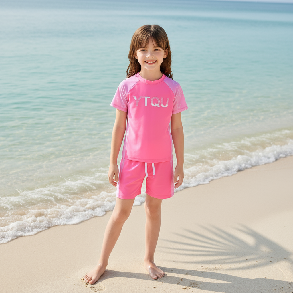 Kids 2 piece quick dry swimsuit unisex in pink and blue