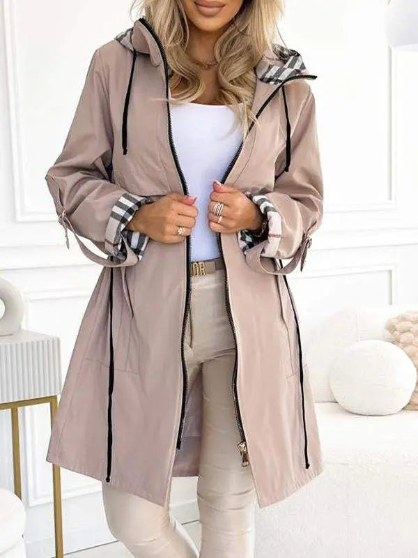 Women hooded long jacket lightweight with contrasting sleeve detail