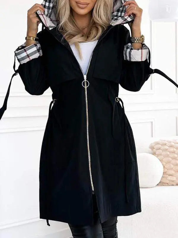 Women hooded long jacket lightweight with contrasting sleeve detail