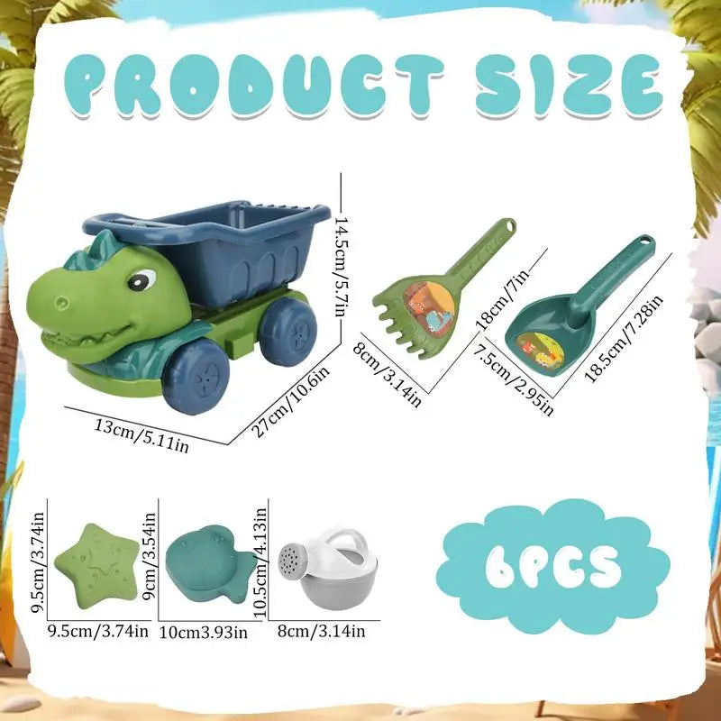 Beach sand toy set with dinosaur truck and sandcastle molds for kids outdoor play