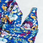 Women's 3-piece blue floral bikini set with wrap skirt, sizes S-XL