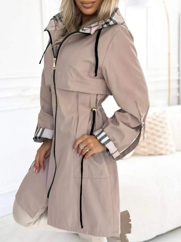 Women hooded long jacket lightweight with contrasting sleeve detail
