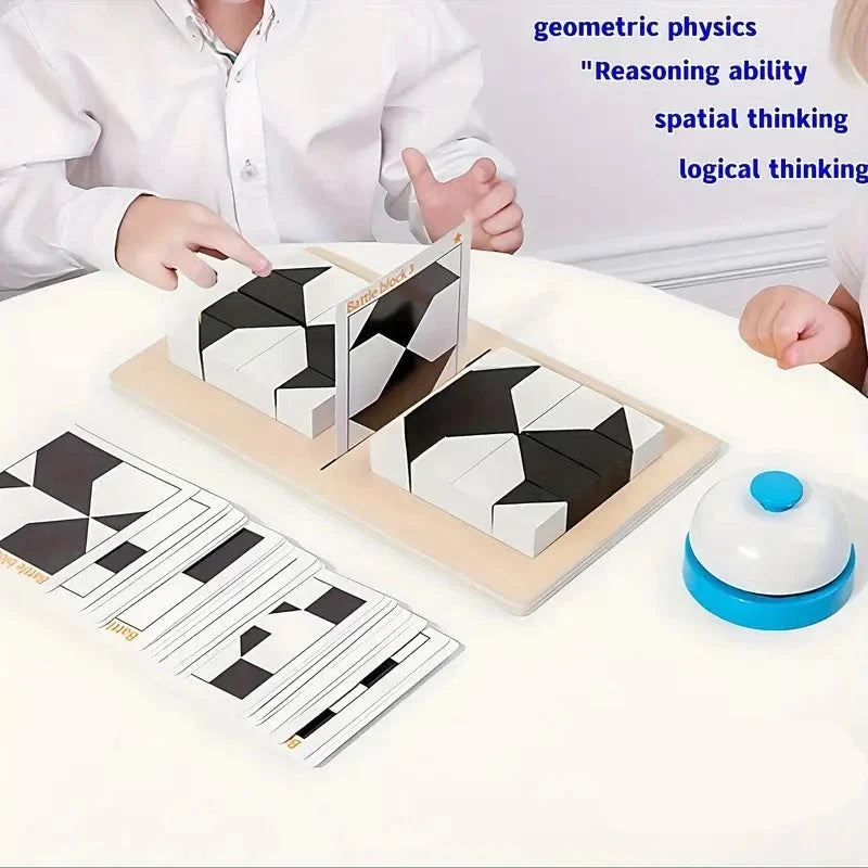 Block puzzle game wooden educational toy for kids ages 3+, white and black