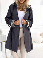 Women hooded long jacket lightweight with contrasting sleeve detail