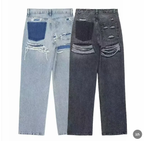 Women's vintage ripped jeans straight leg light blue denim with contrast pockets