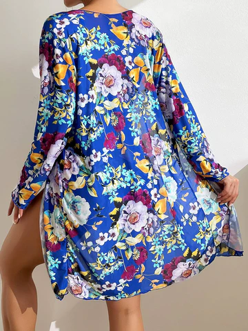 Women's 3-piece blue floral bikini set with wrap skirt, sizes S-XL