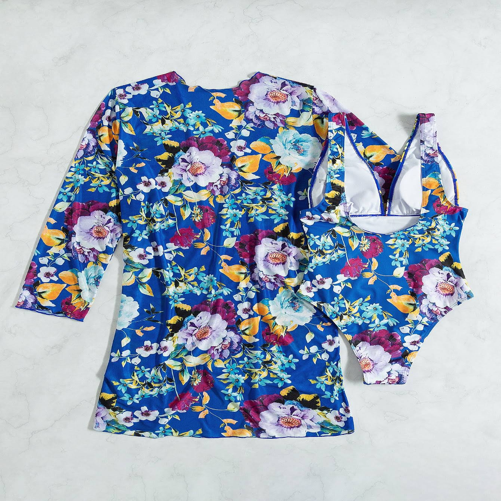 Women's 3-piece blue floral bikini set with wrap skirt, sizes S-XL