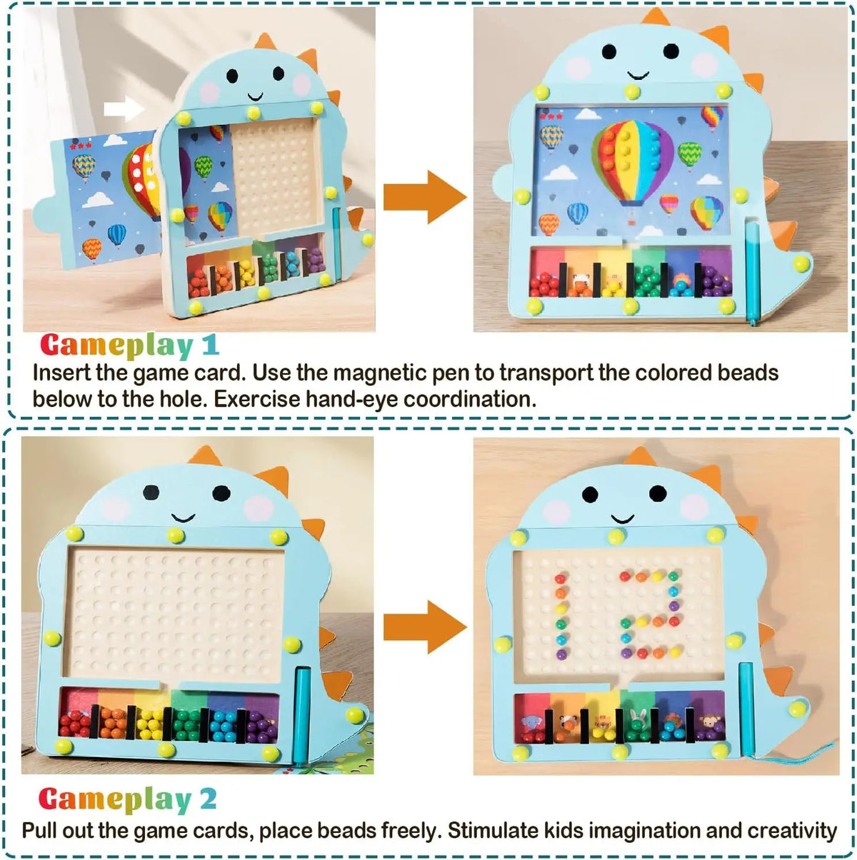 Magnetic bead puzzle wooden maze board with dinosaur theme and challenge cards