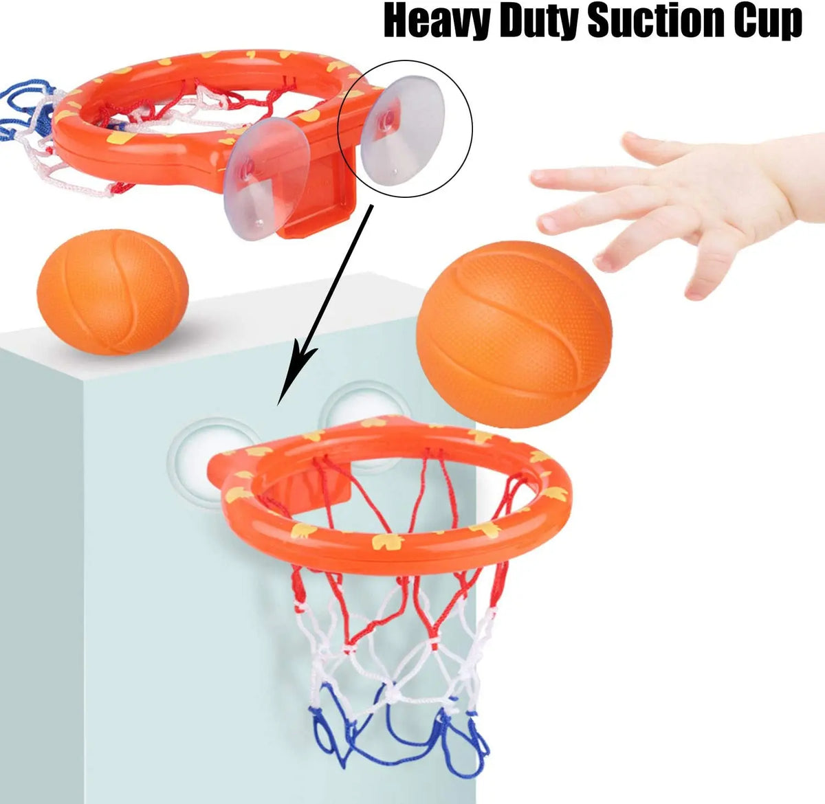 Bath basketball set with suction cup hoop and 2 balls, kids bath toy