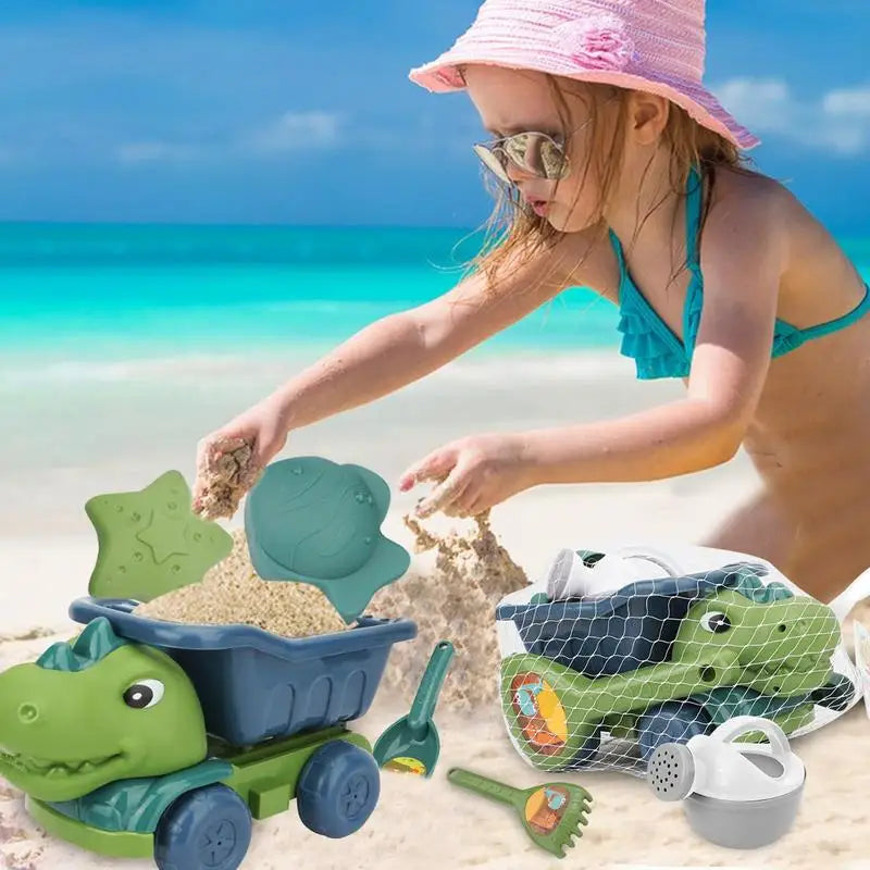 Beach sand toy set with dinosaur truck and sandcastle molds for kids outdoor play
