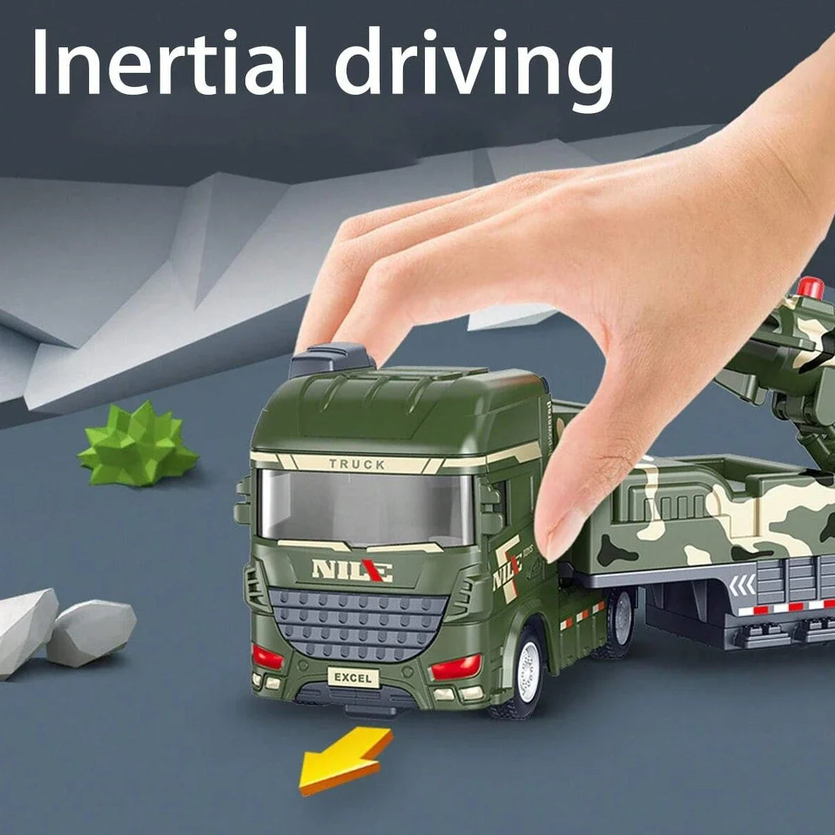 Military toy truck with pull-back mechanism, light and sound effects, ages 3+