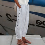 Women striped casual pants with side button detail relaxed fit