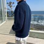 Men half zip sweater pleated knit in navy blue and grey