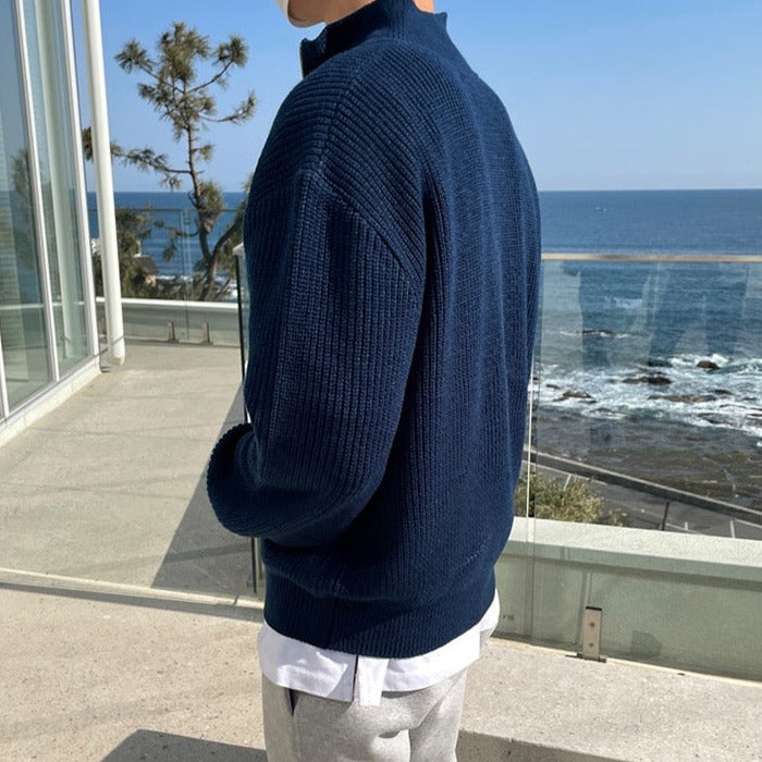 Men half zip sweater pleated knit in navy blue and grey