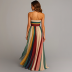 Women's strapless maxi dress with pleated panel skirt, full length formal silhouette