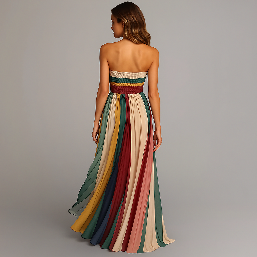 Women's strapless maxi dress with pleated panel skirt, full length formal silhouette