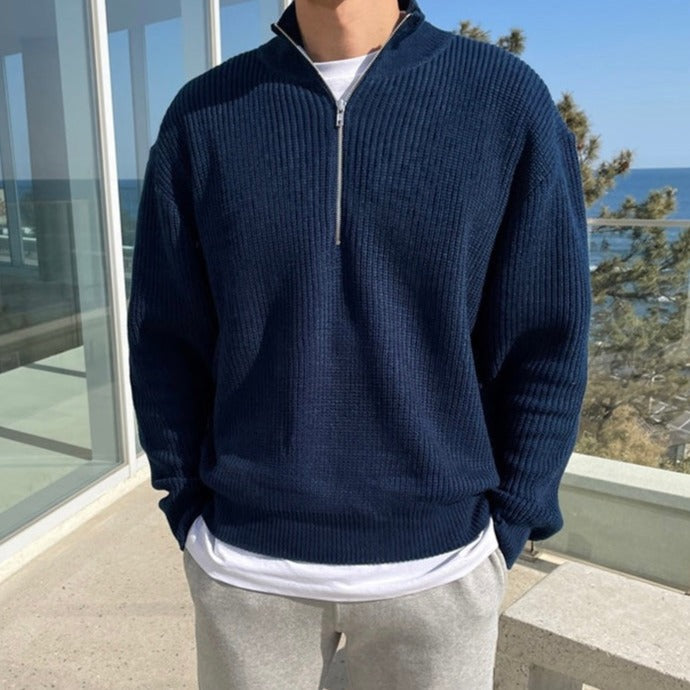 Men half zip sweater pleated knit in navy blue and grey