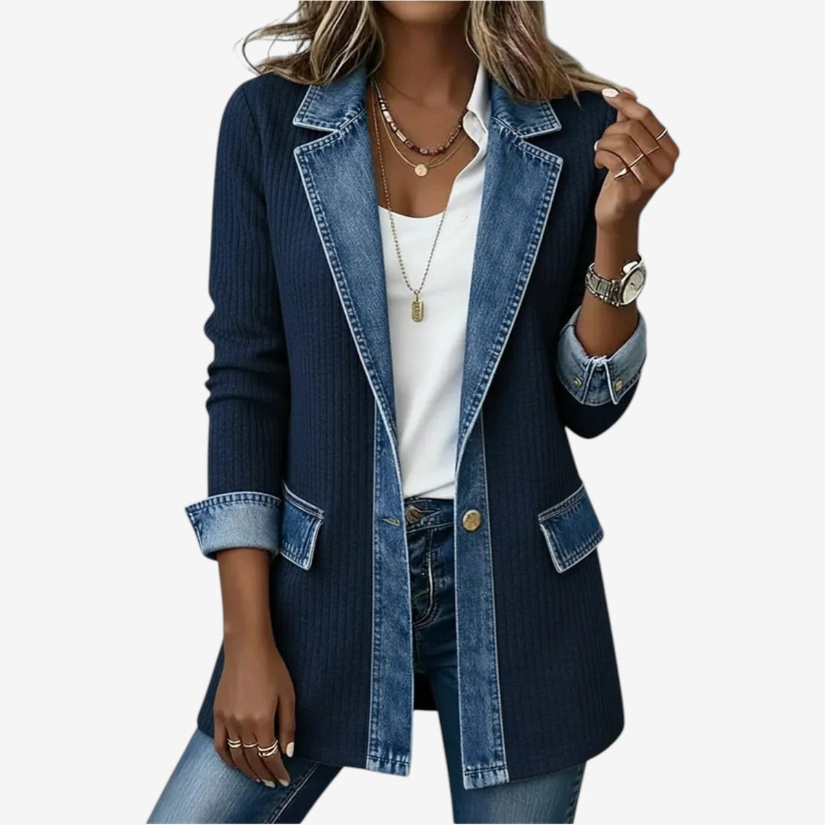Women soft touch layered look jacket with denim-inspired contrast trims relaxed fit