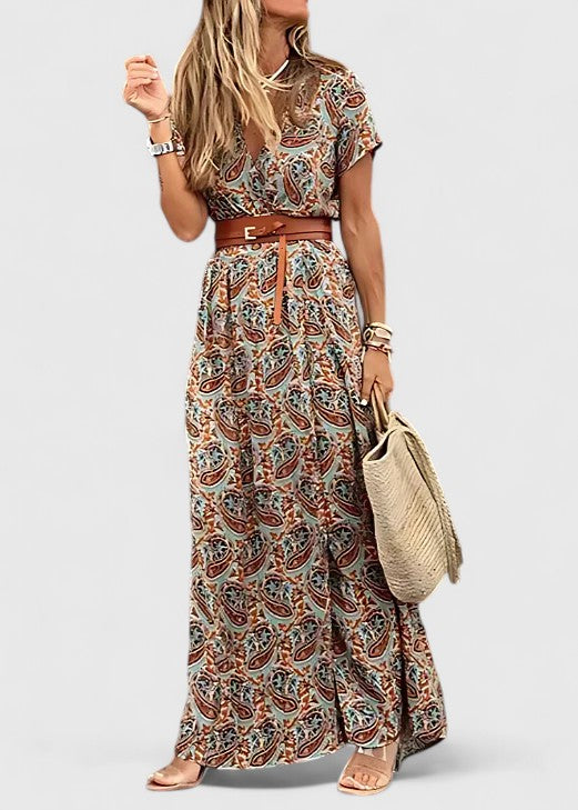 Women's boho maxi dress with V-neckline, casual flowy long summer dress