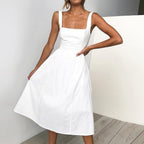 Women's sleeveless midi dress with square neckline and wide straps, summer style