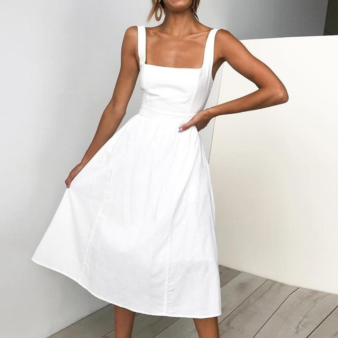 Women's sleeveless midi dress with square neckline and wide straps, summer style