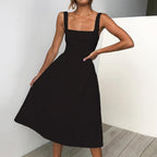 Women's sleeveless midi dress with square neckline and wide straps, summer style