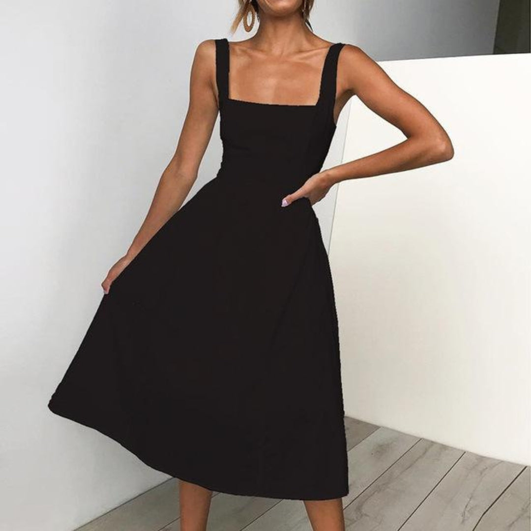 Women's sleeveless midi dress with square neckline and wide straps, summer style