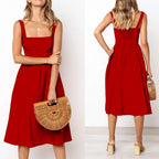 Women's sleeveless midi dress with square neckline and wide straps, summer style