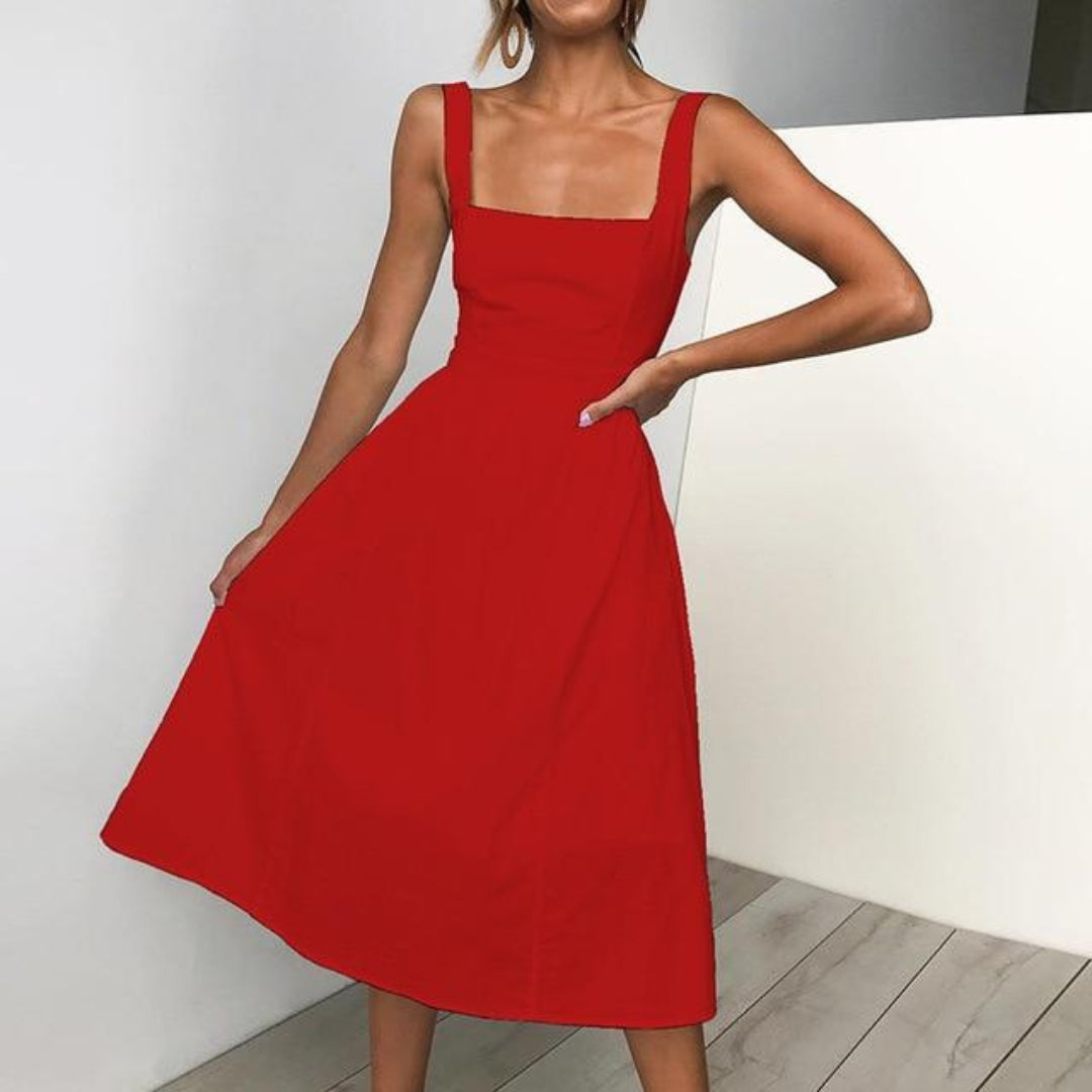 Women's sleeveless midi dress with square neckline and wide straps, summer style