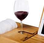 Bamboo bath caddy expandable tray with wine glass holder and tablet stand