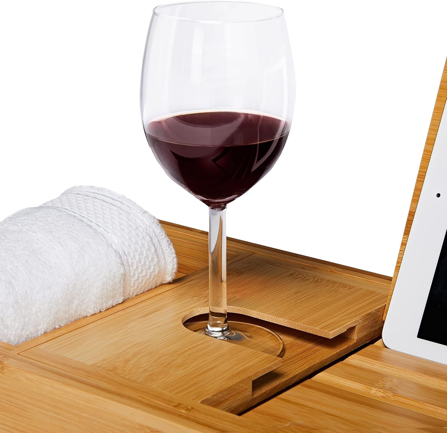 Bamboo bath caddy expandable tray with wine glass holder and tablet stand