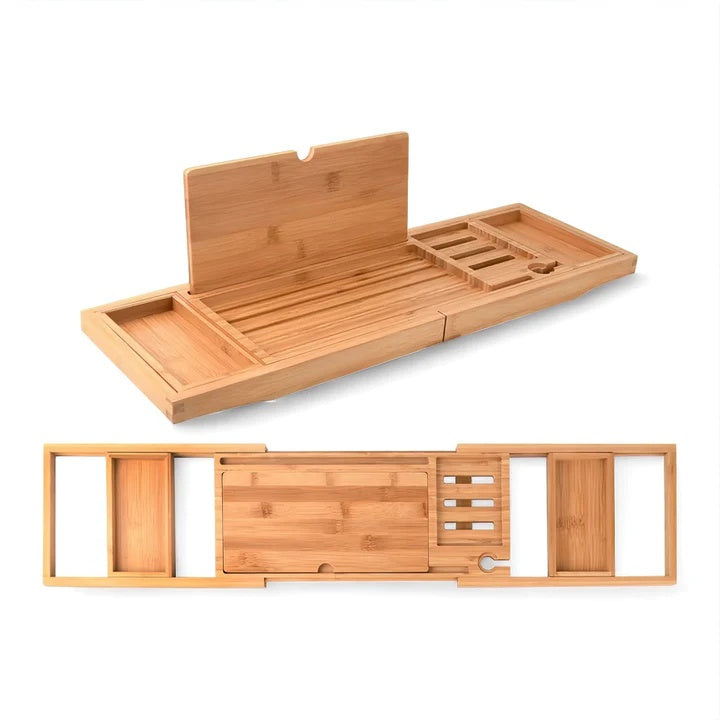 Bamboo bath caddy expandable tray with wine glass holder and tablet stand