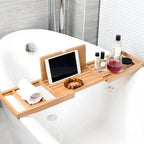 Bamboo bath caddy expandable tray with wine glass holder and tablet stand