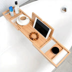 Bamboo bath caddy expandable tray with wine glass holder and tablet stand